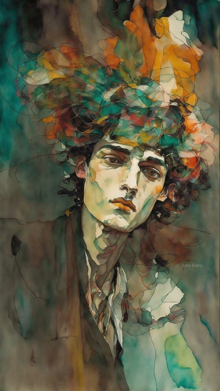 Portrait of a Young Man with Vibrant Hair and Abstract Background