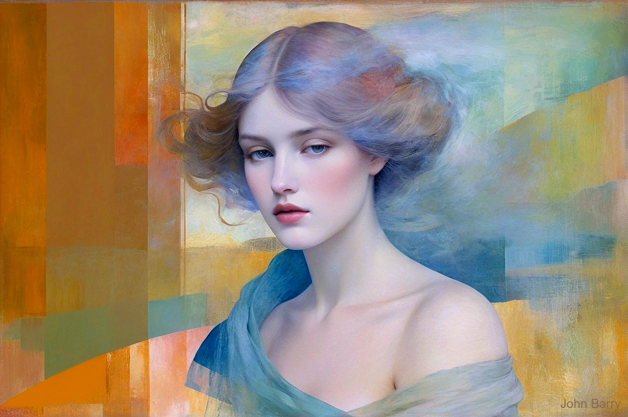 Serene Young Woman with Abstract Color Background