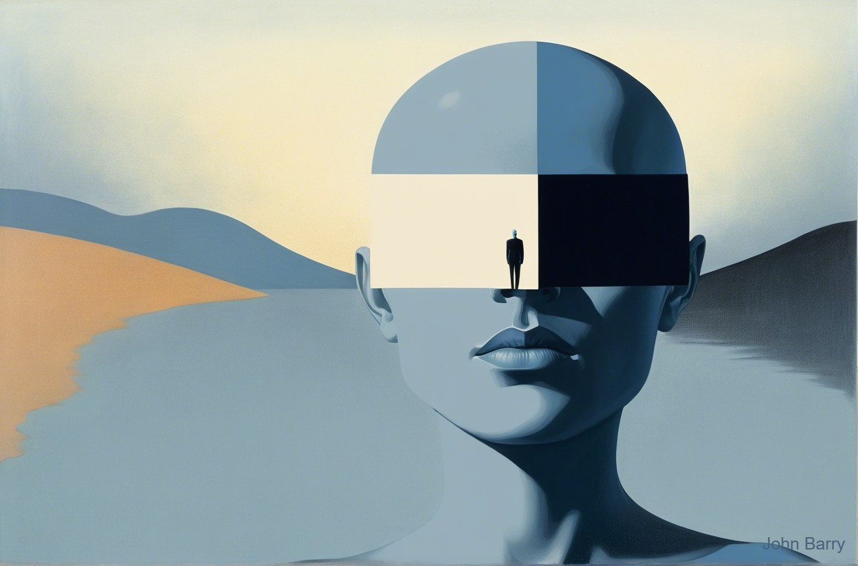 Surreal Landscape with Humanoid Figure on Shore