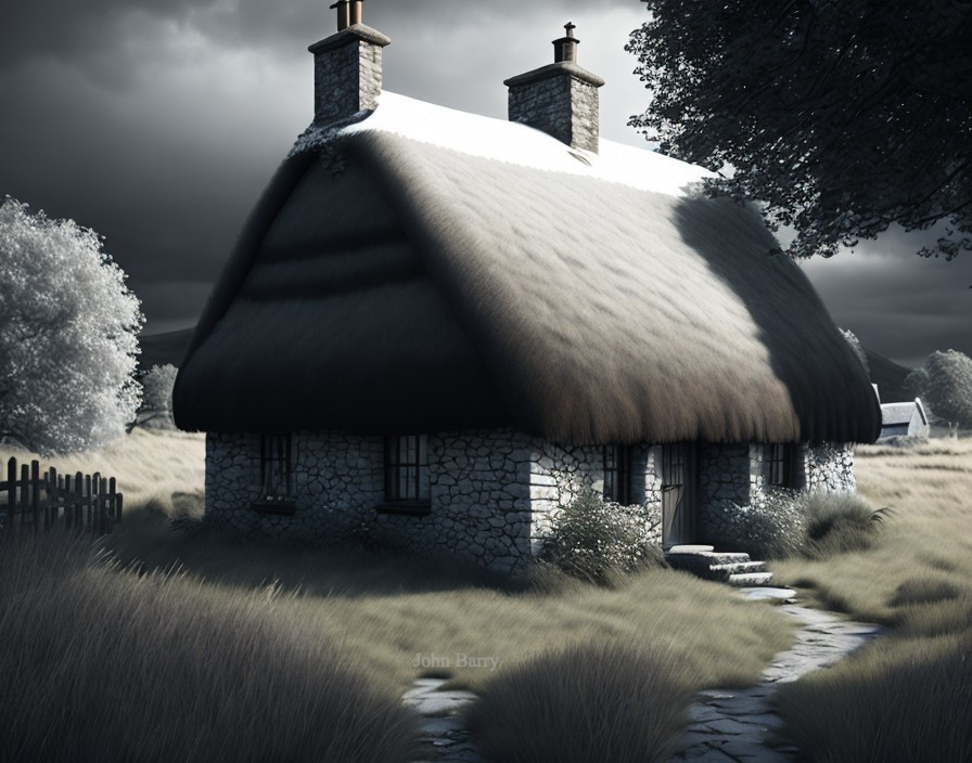 Quaint stone cottage under dramatic cloudy sky