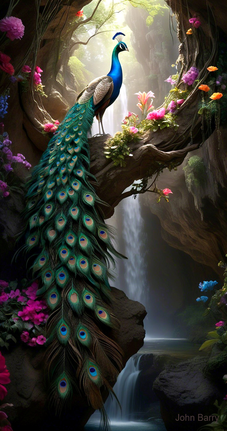 Vibrant Peacock in Enchanting Lush Landscape