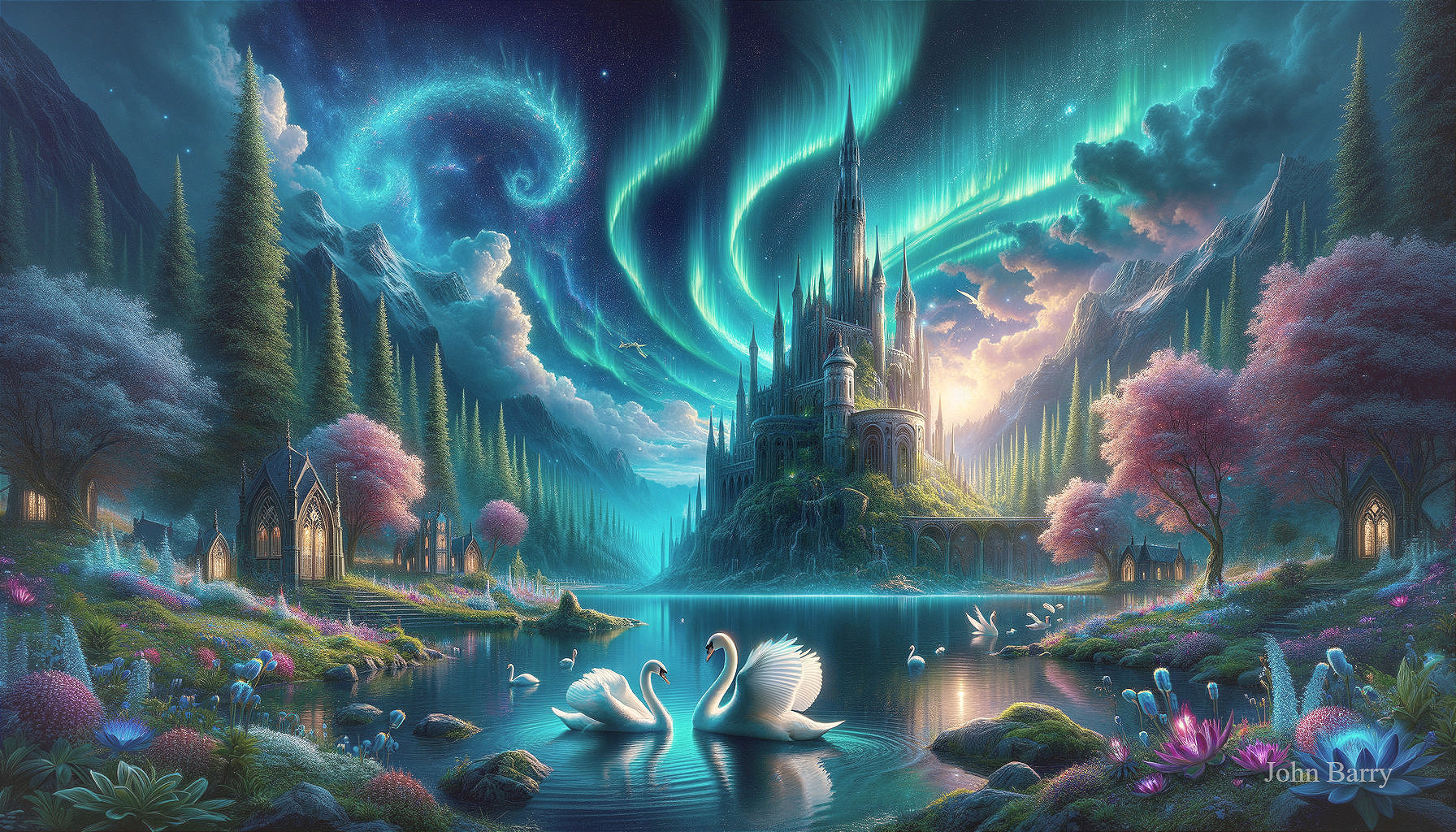 Serene Fantasy Landscape with Lake and Castle