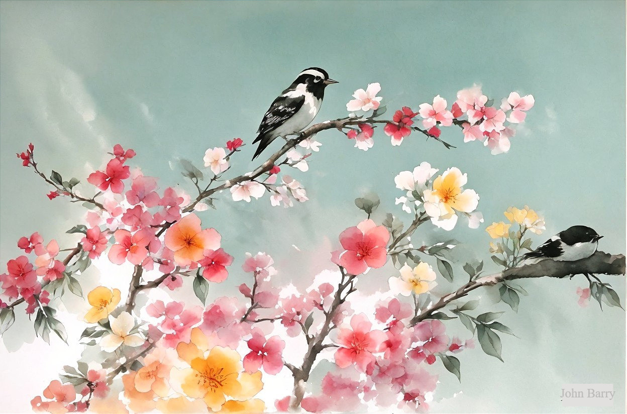 Watercolor Painting of Blossoms and Birds in Nature