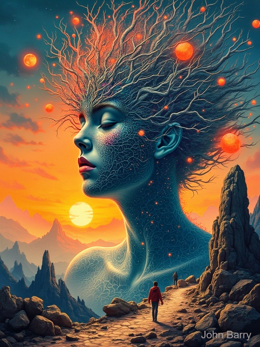 Surreal landscape with towering female figure and planets