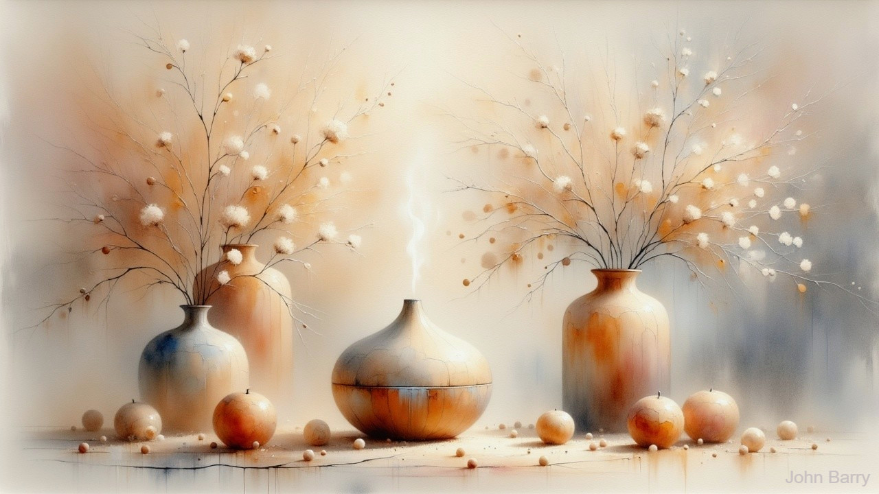 Serene Still Life with Vases and Soft Flowers