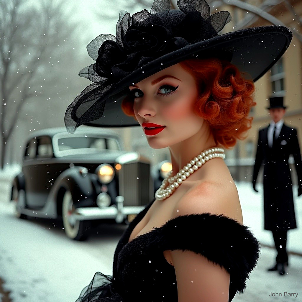 Elegant Woman in Vintage Style with Classic Car