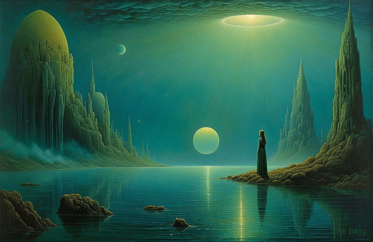 Surreal Landscape with Crystalline Formations and Water