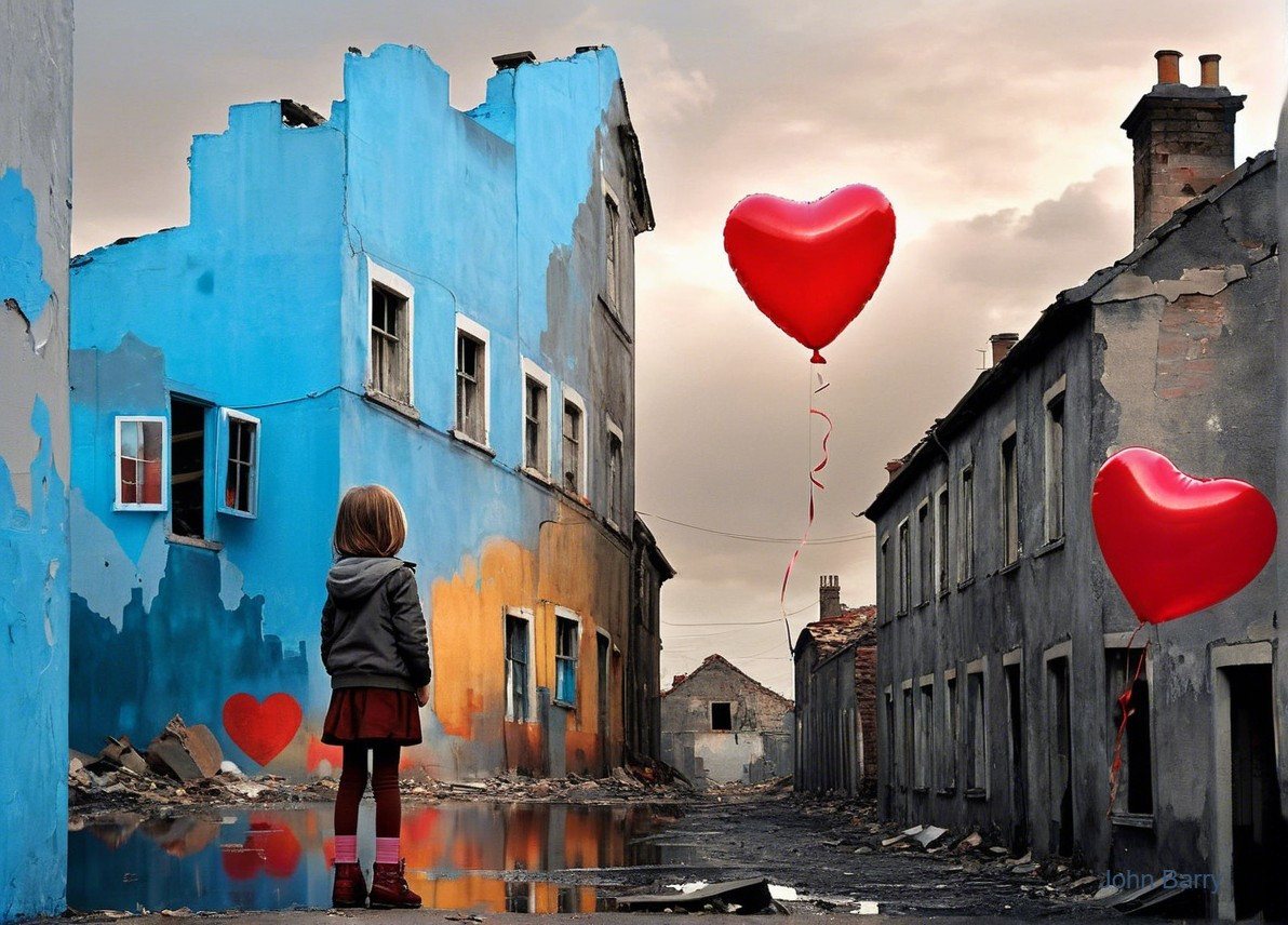 Young Girl in Urban Landscape with Heart Balloons