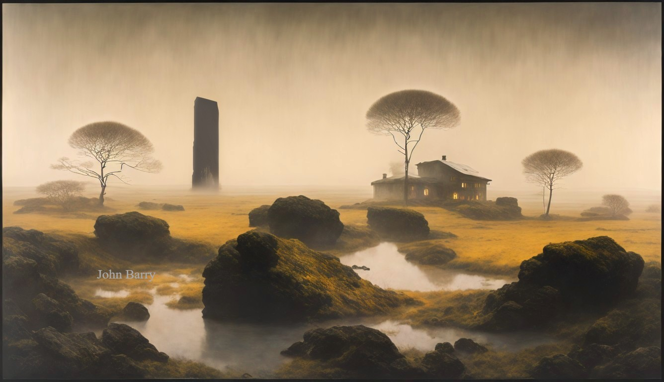 Solitary House in Foggy Dreamlike Landscape