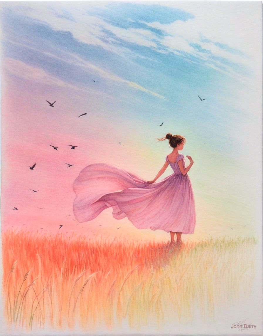 Serene Landscape with Woman in Pink Dress in Wheat Field