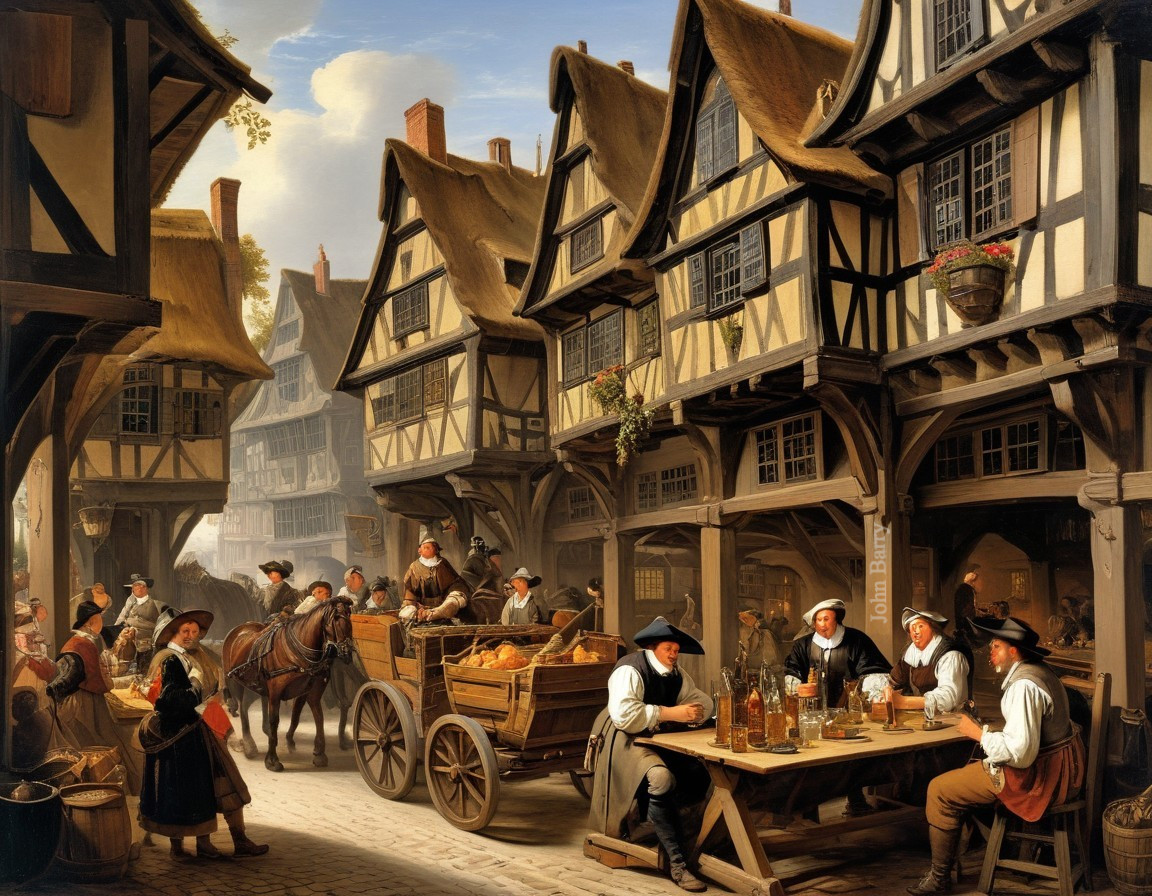 Medieval Village Scene with Timber-Framed Buildings