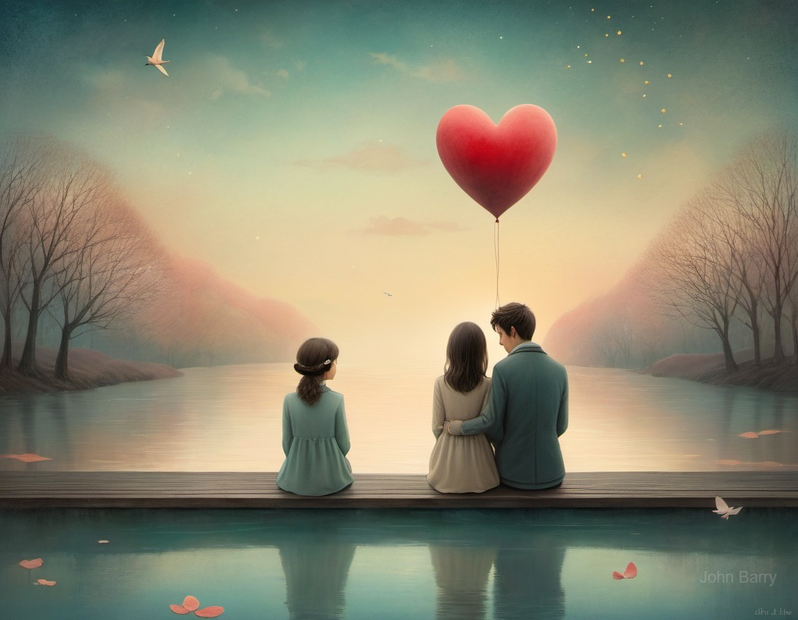 Couple with Heart Balloon by Calm River at Twilight