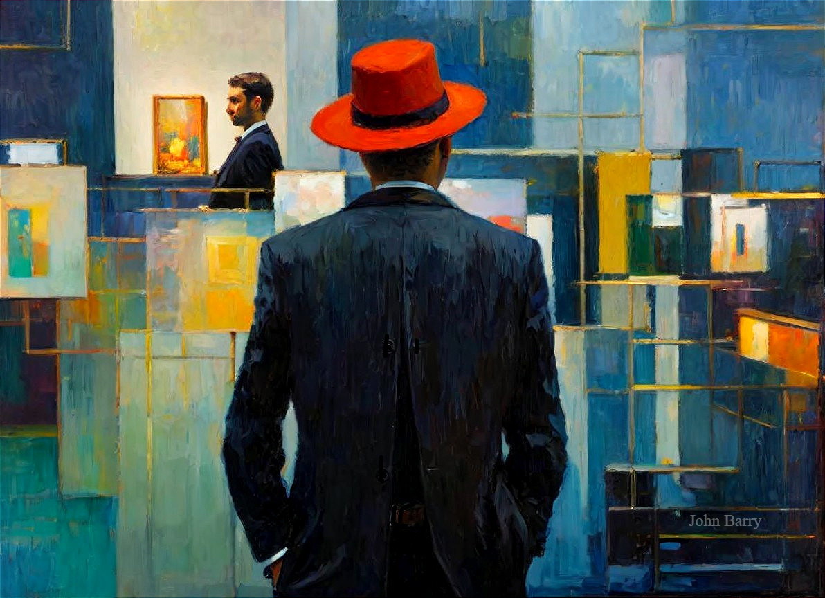 Contemporary Art Gallery Scene with Abstract Artworks