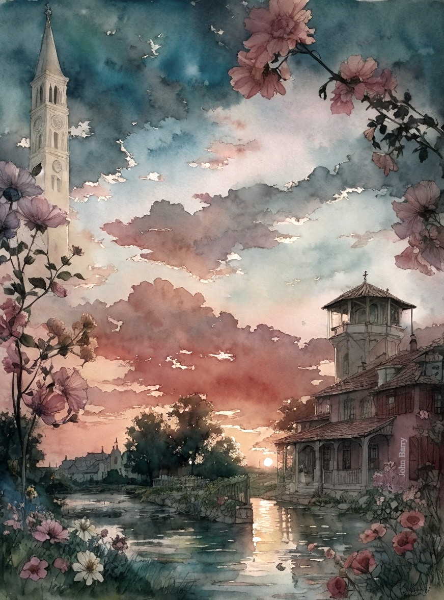 Vibrant Sunset Watercolor with Flowers and Clock Tower