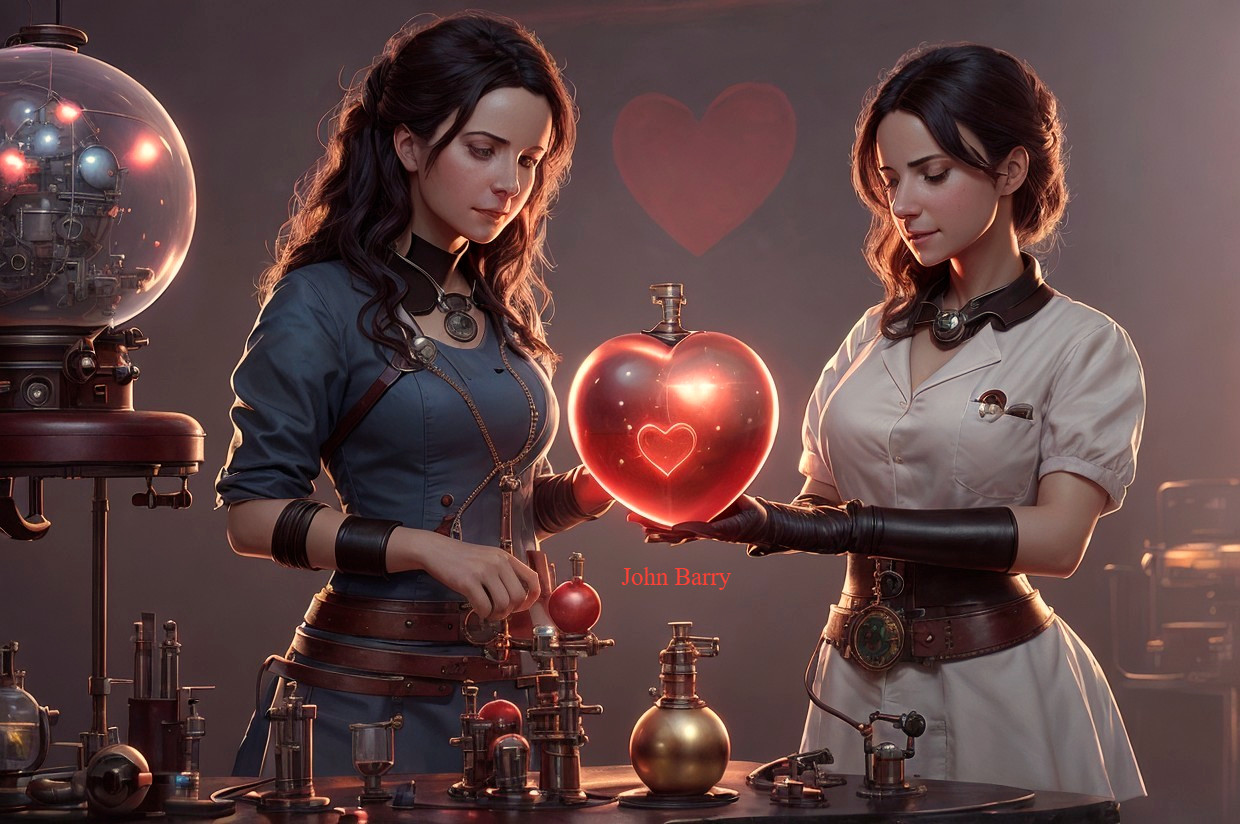 Women in Steampunk Laboratory with Glowing Heart Object