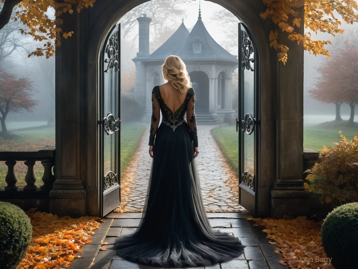 Woman in Black Gown at Ornate Archway Overlooking Garden
