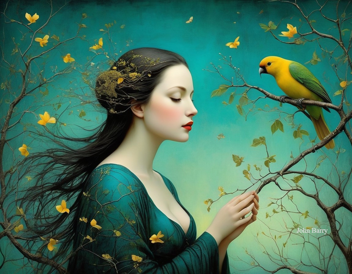 Serene woman in green garment surrounded by nature