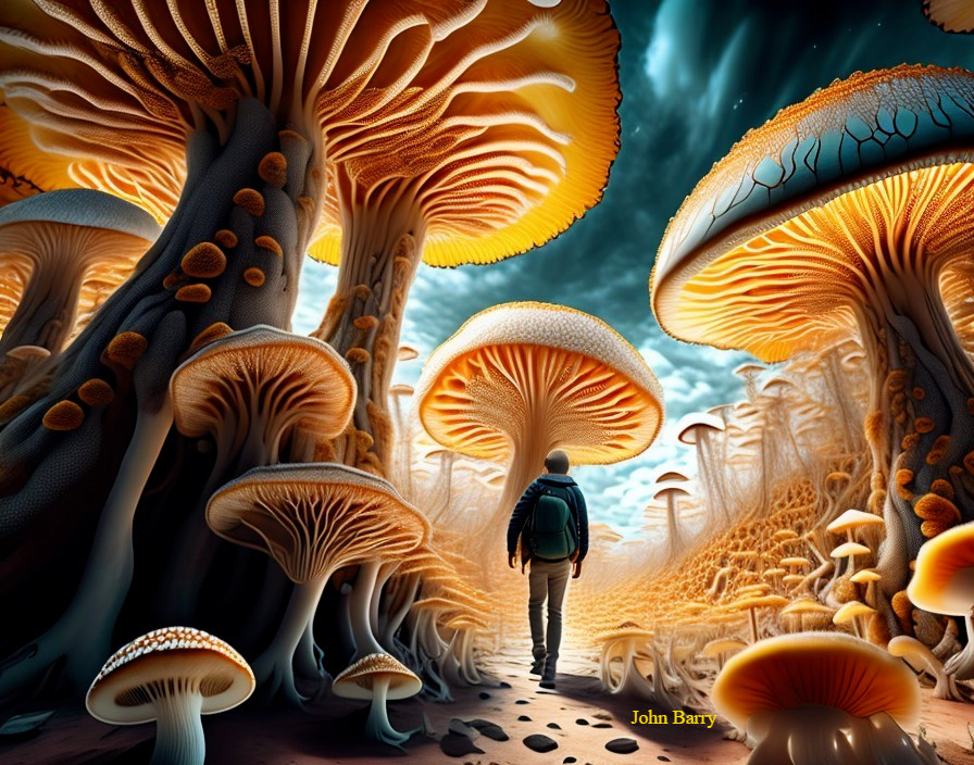 Person Surrounded by Giant Mushrooms in Surreal Landscape