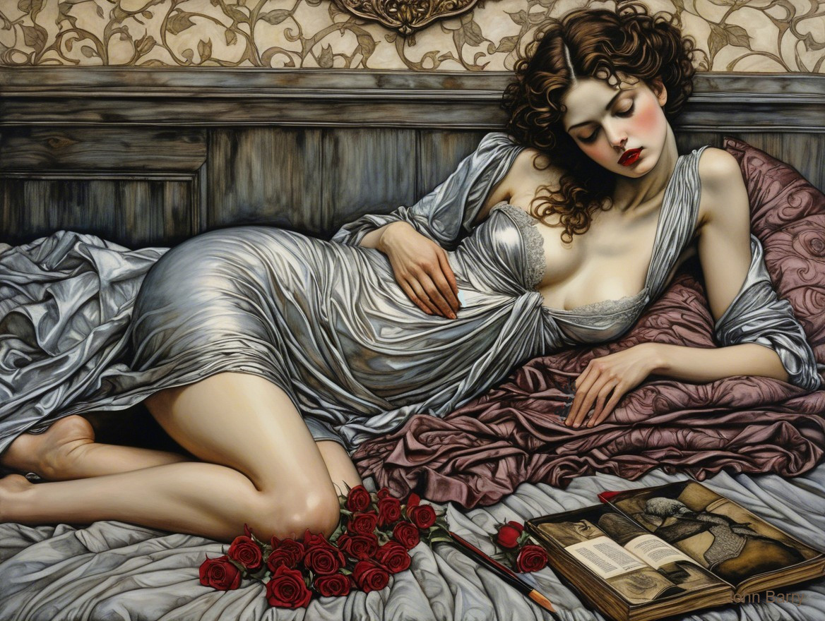 Reclining Woman in Silver Gown Surrounded by Roses