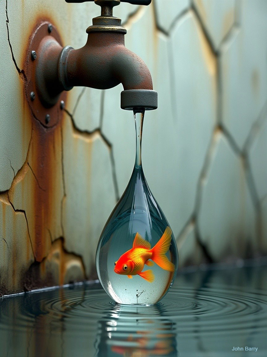 Rusty Faucet with Goldfish in Water Droplet
