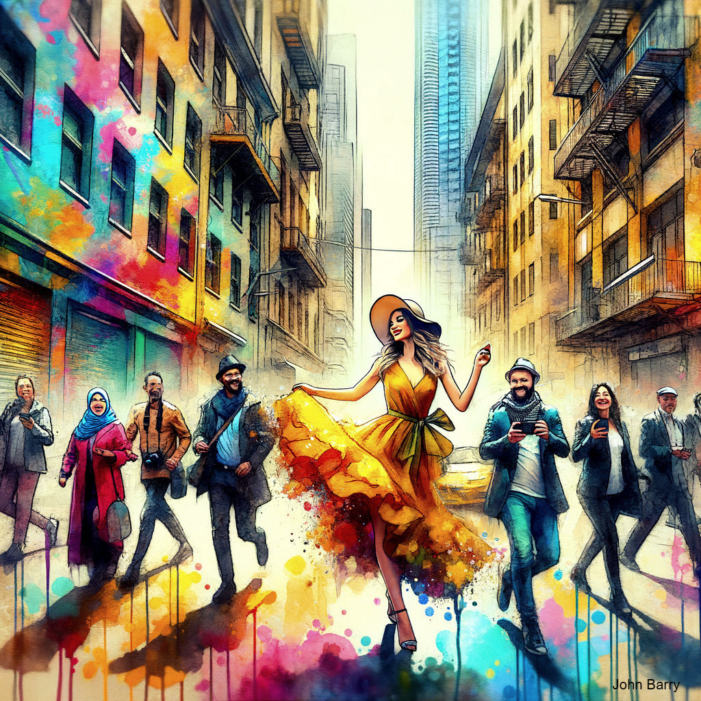 Vibrant City Scene with Joyful Woman in Yellow Dress