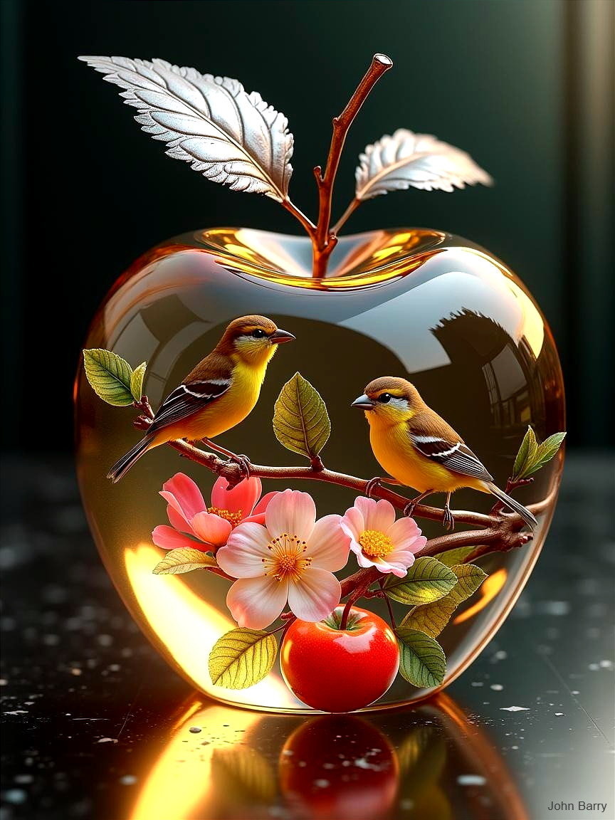 Translucent Glass Apple with Birds and Flowers Design