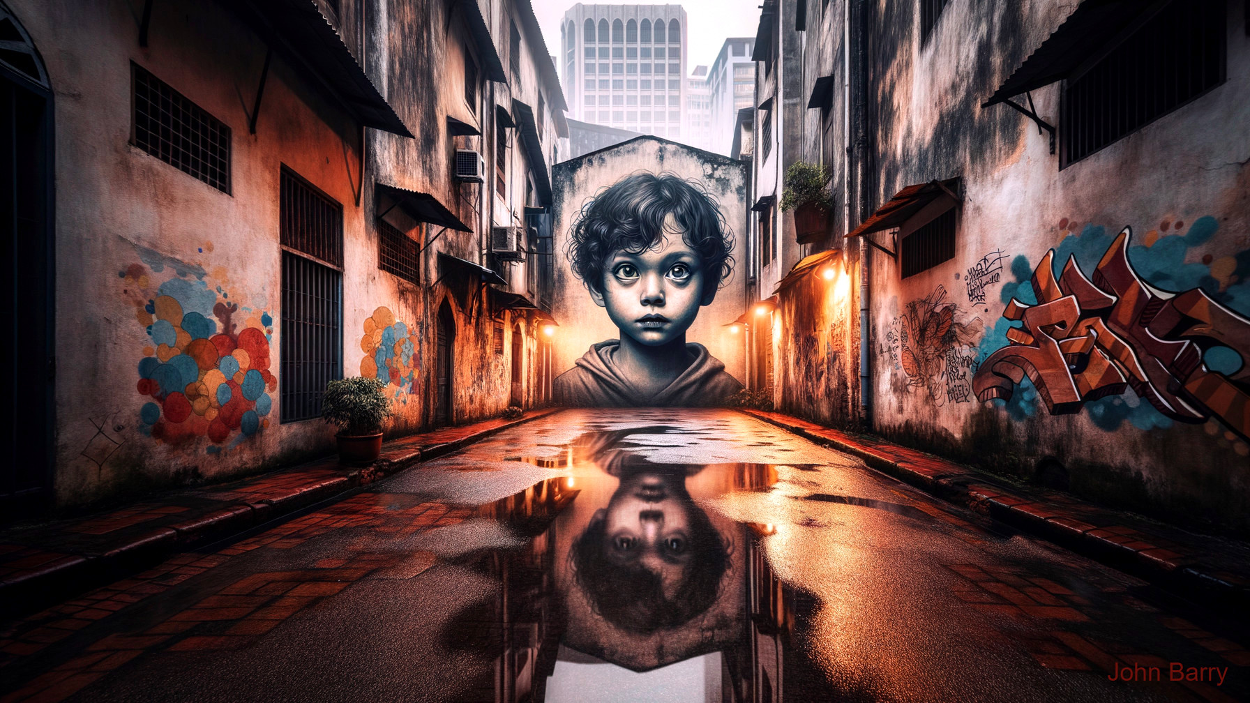 Mural of a Boy in Urban Alley with Vibrant Graffiti