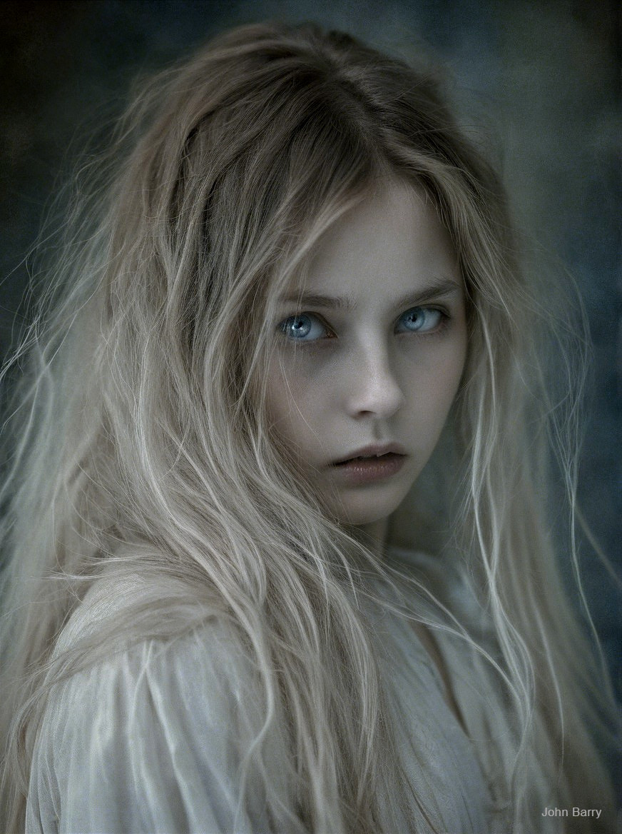 Portrait of a Young Girl with Blonde Hair and Blue Eyes
