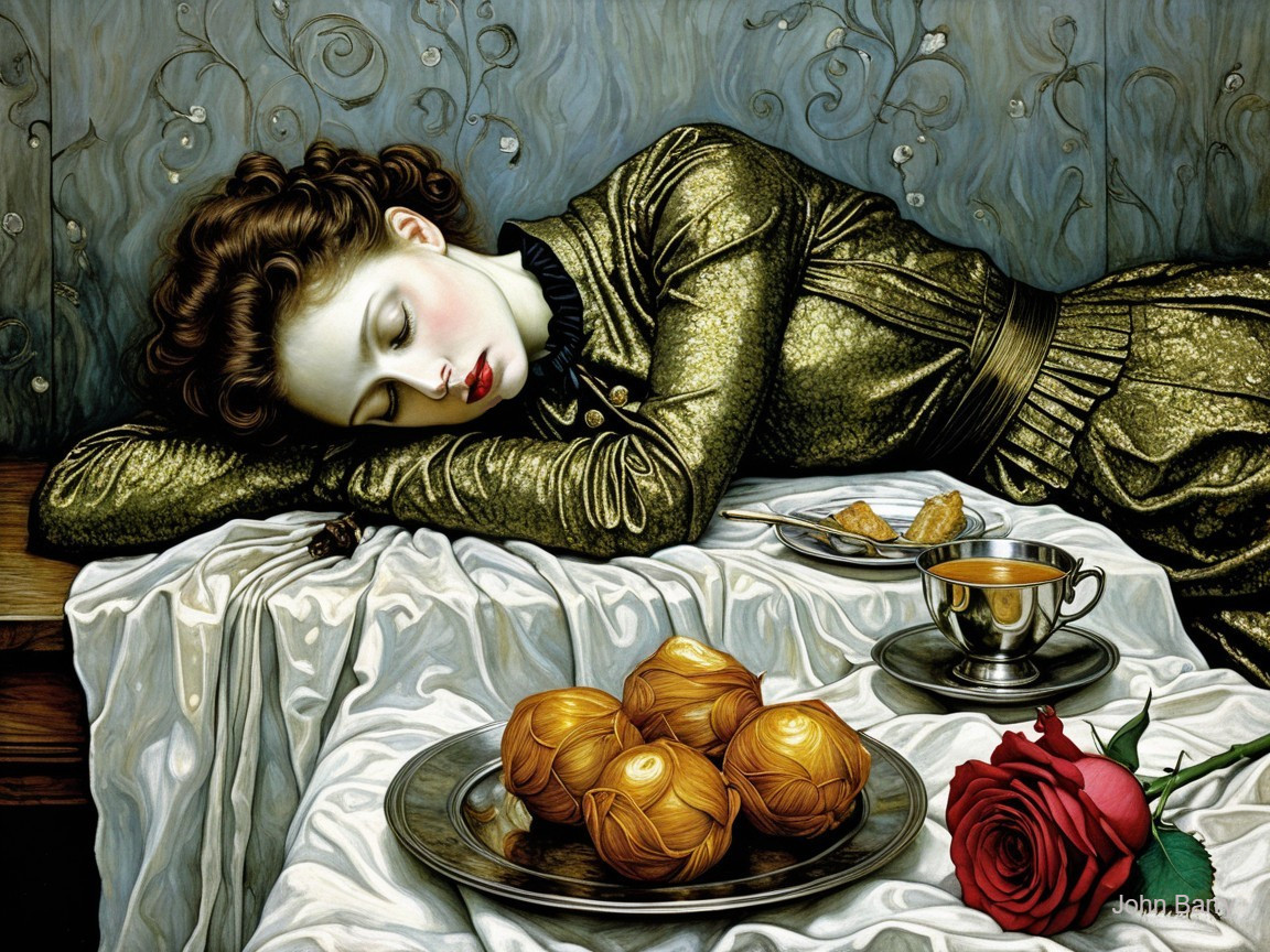 Serene Woman in Gold Dress Surrounded by Delicacies