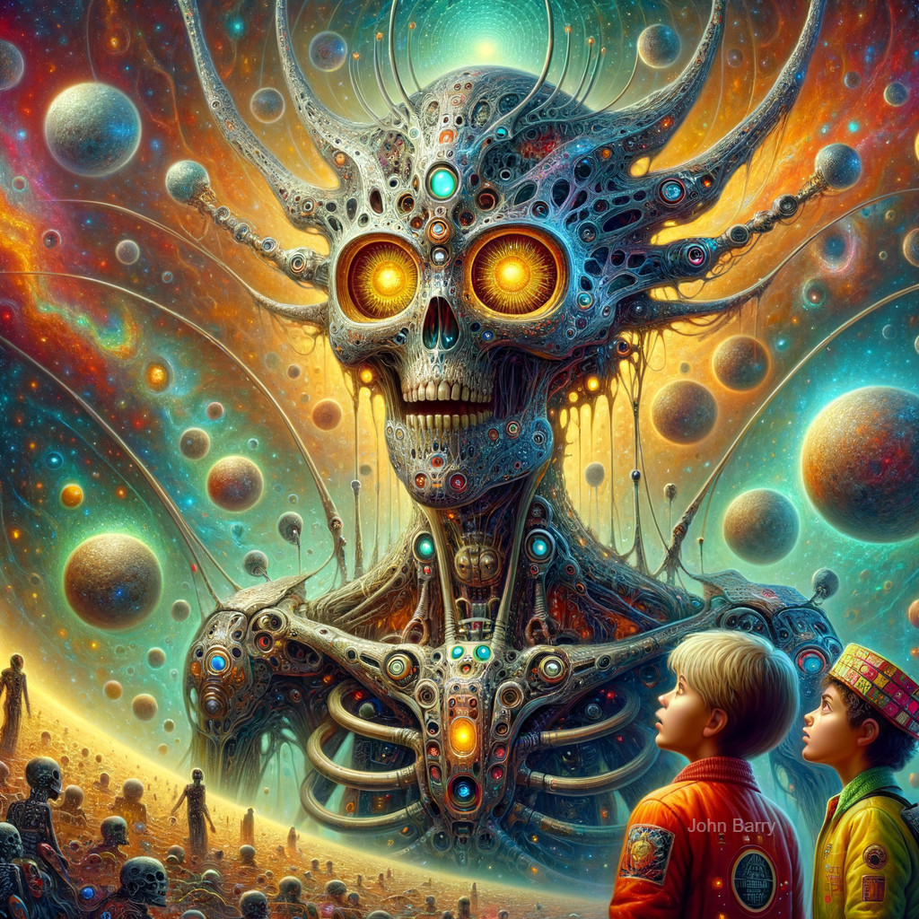 Surreal Cosmic Landscape with Skull Structure and Children