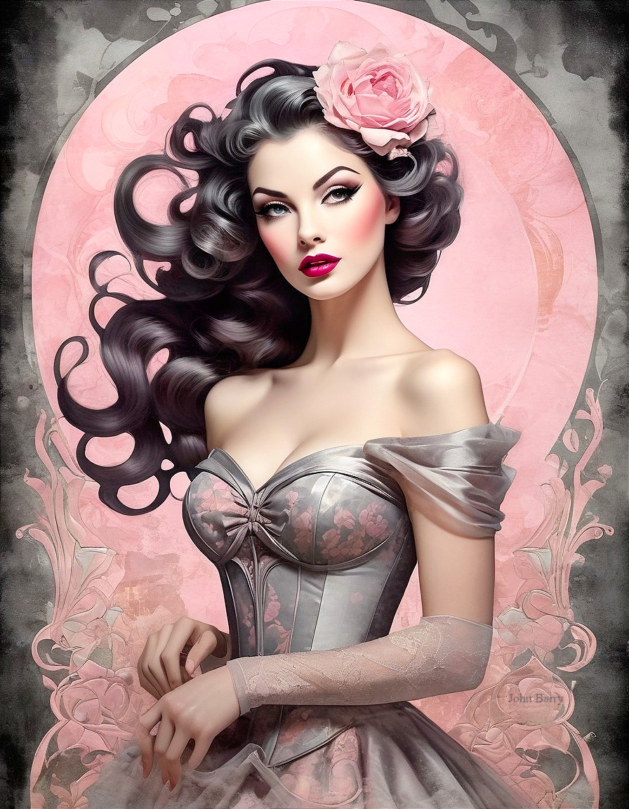 Glamorous Woman in Vintage Floral Gown and Rose