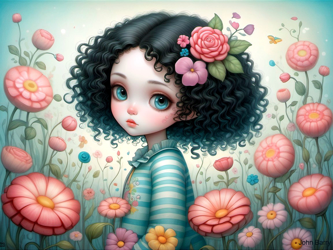 Whimsical illustration of a girl in a vibrant garden
