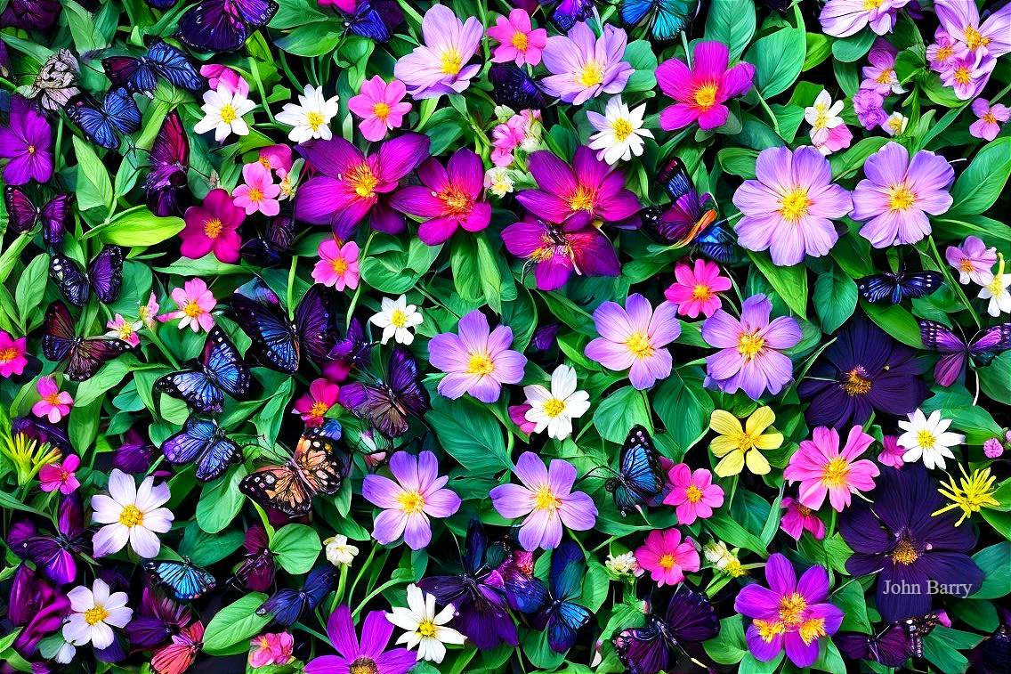 Vibrant Garden Scene with Colorful Flowers and Butterflies