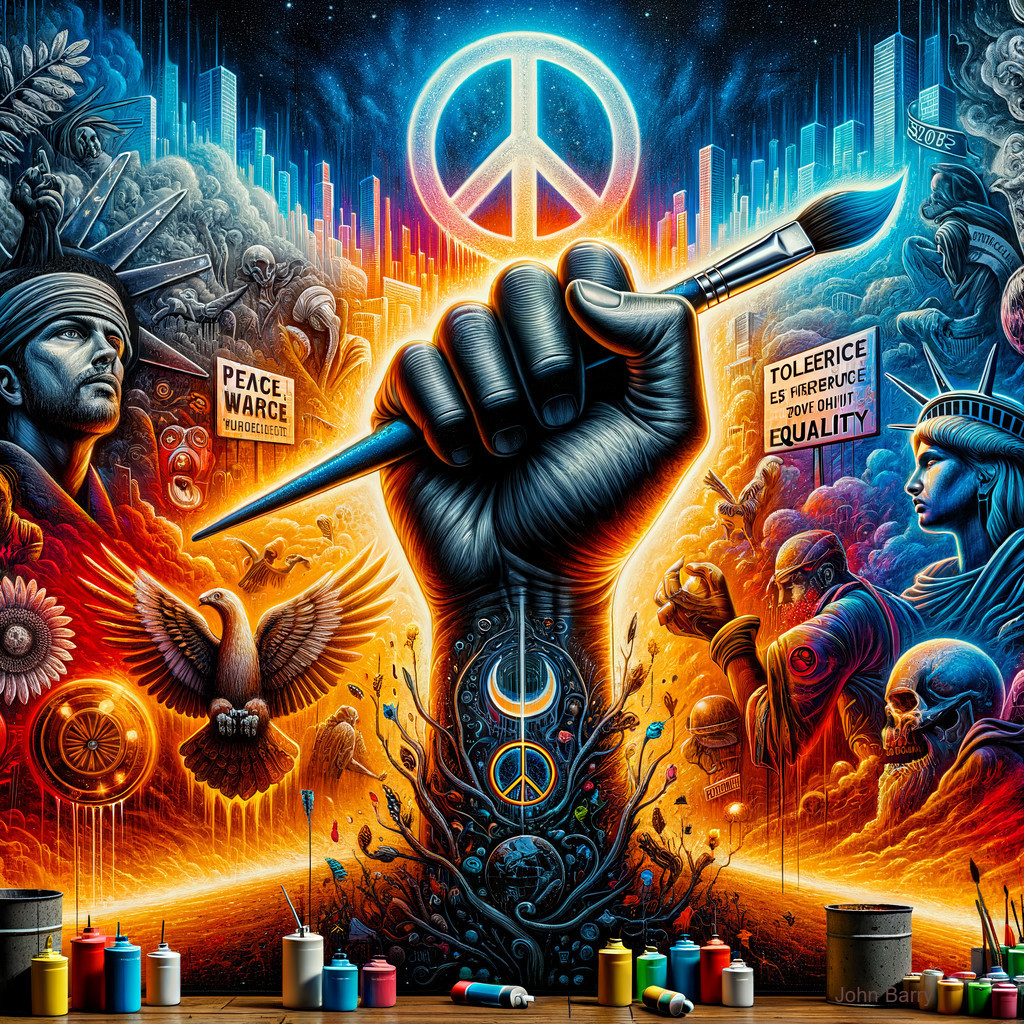 Vibrant Mural of Fist, Paintbrush, and Social Justice Themes