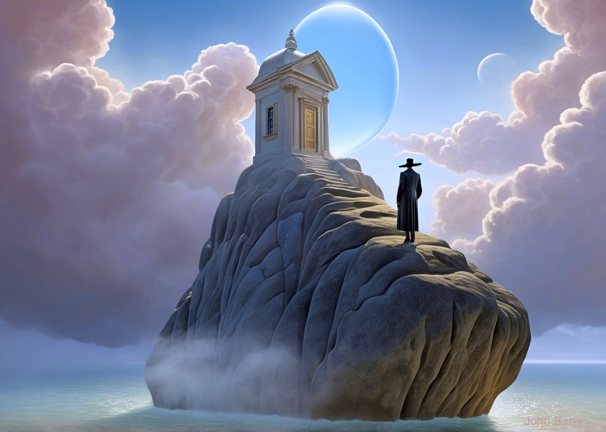 Solitary Figure on Rock Overlooking Tranquil Ocean