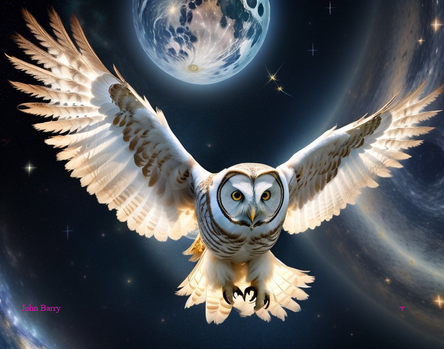 Owl in Flight Against Cosmic Stars and Moon