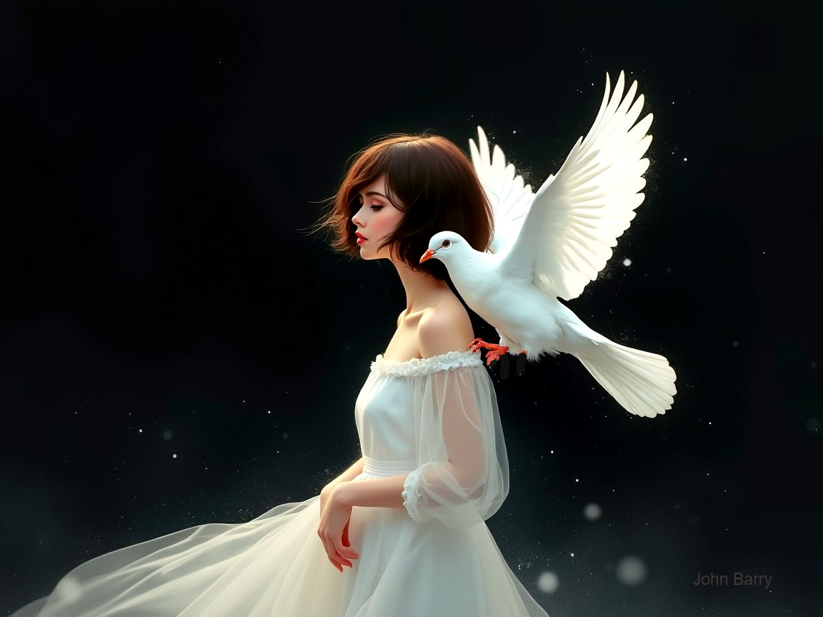 Serene woman in white dress with dove in dark setting