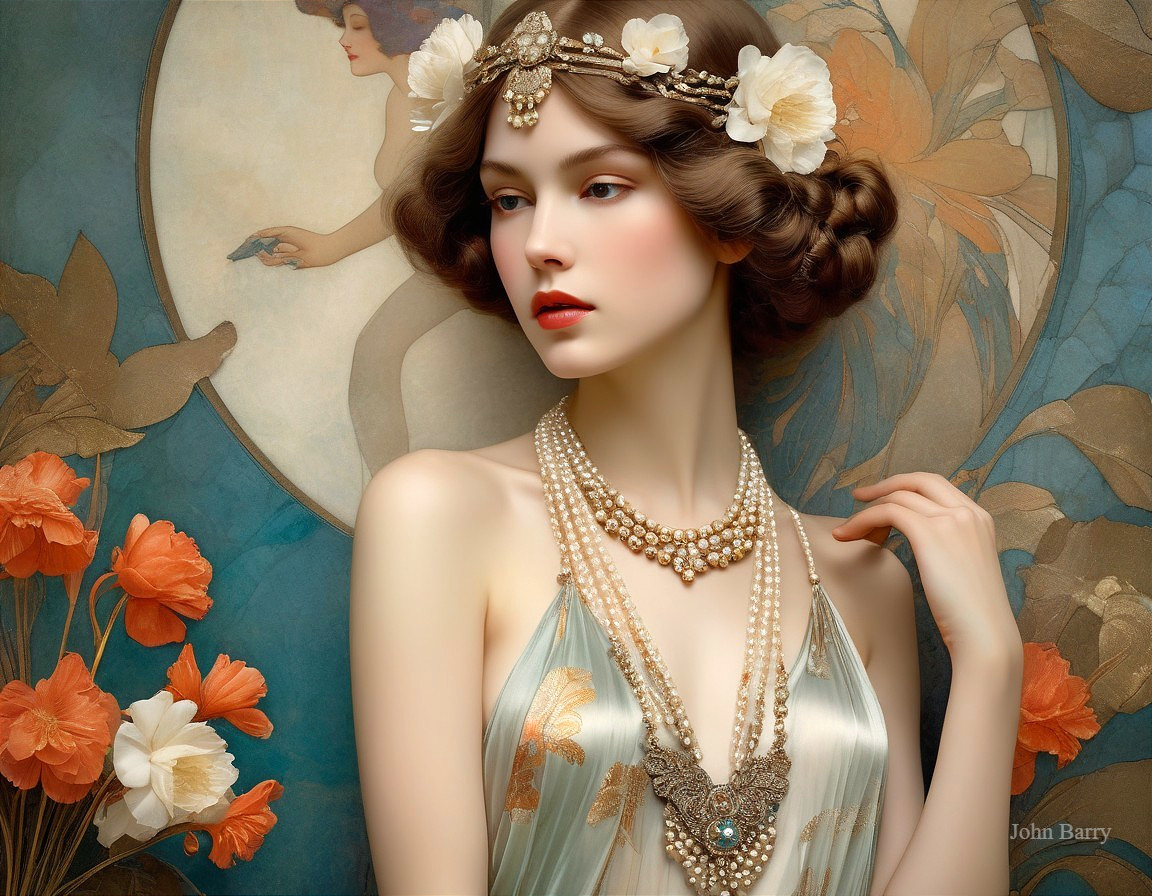 Elegant Woman with Floral Headpiece and Art Nouveau Motifs