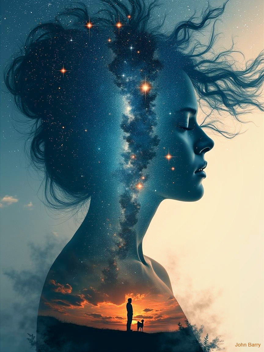 Silhouette of Woman with Cosmic and Nature Elements