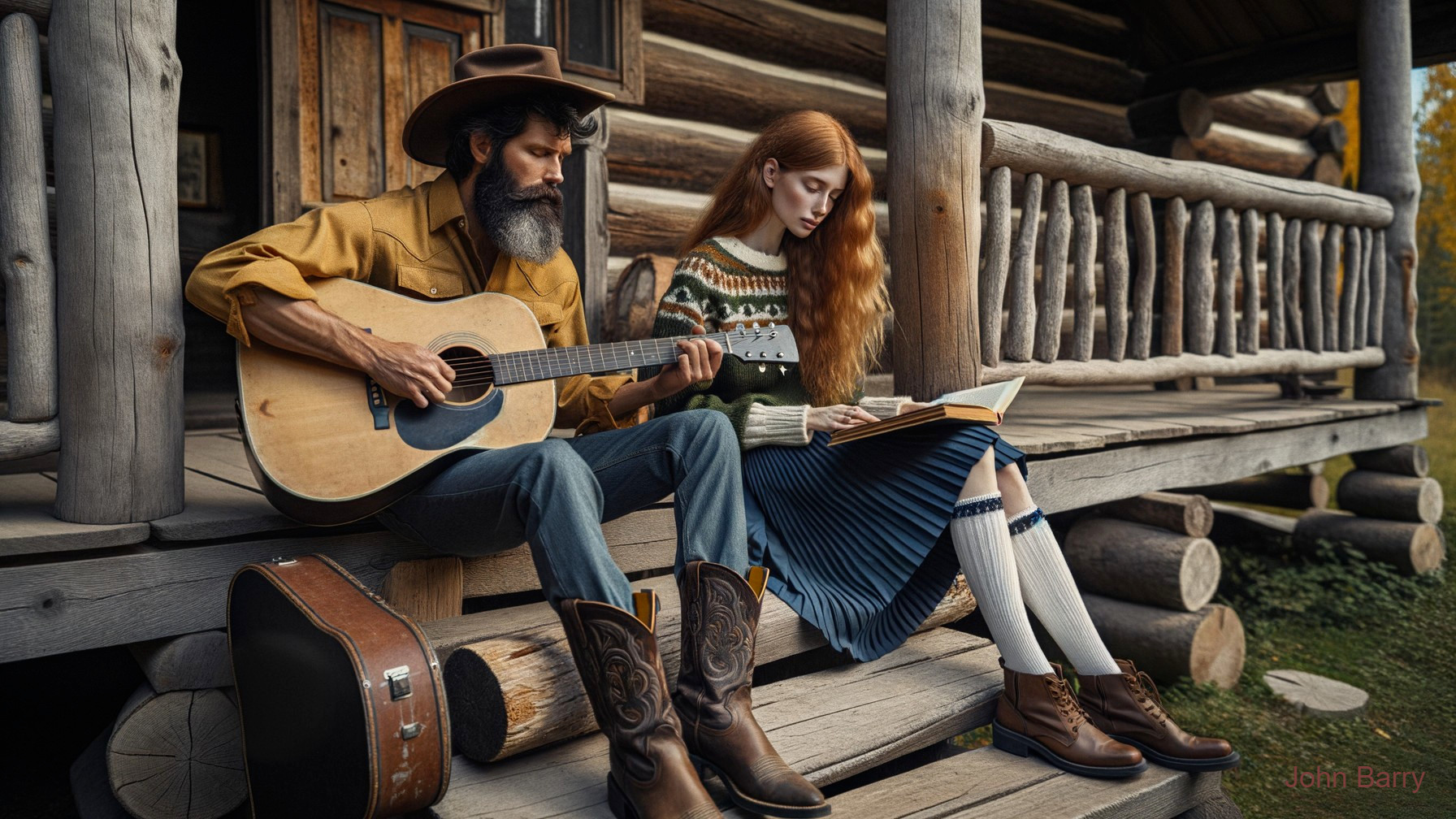 Man with guitar and woman reading on rustic porch
