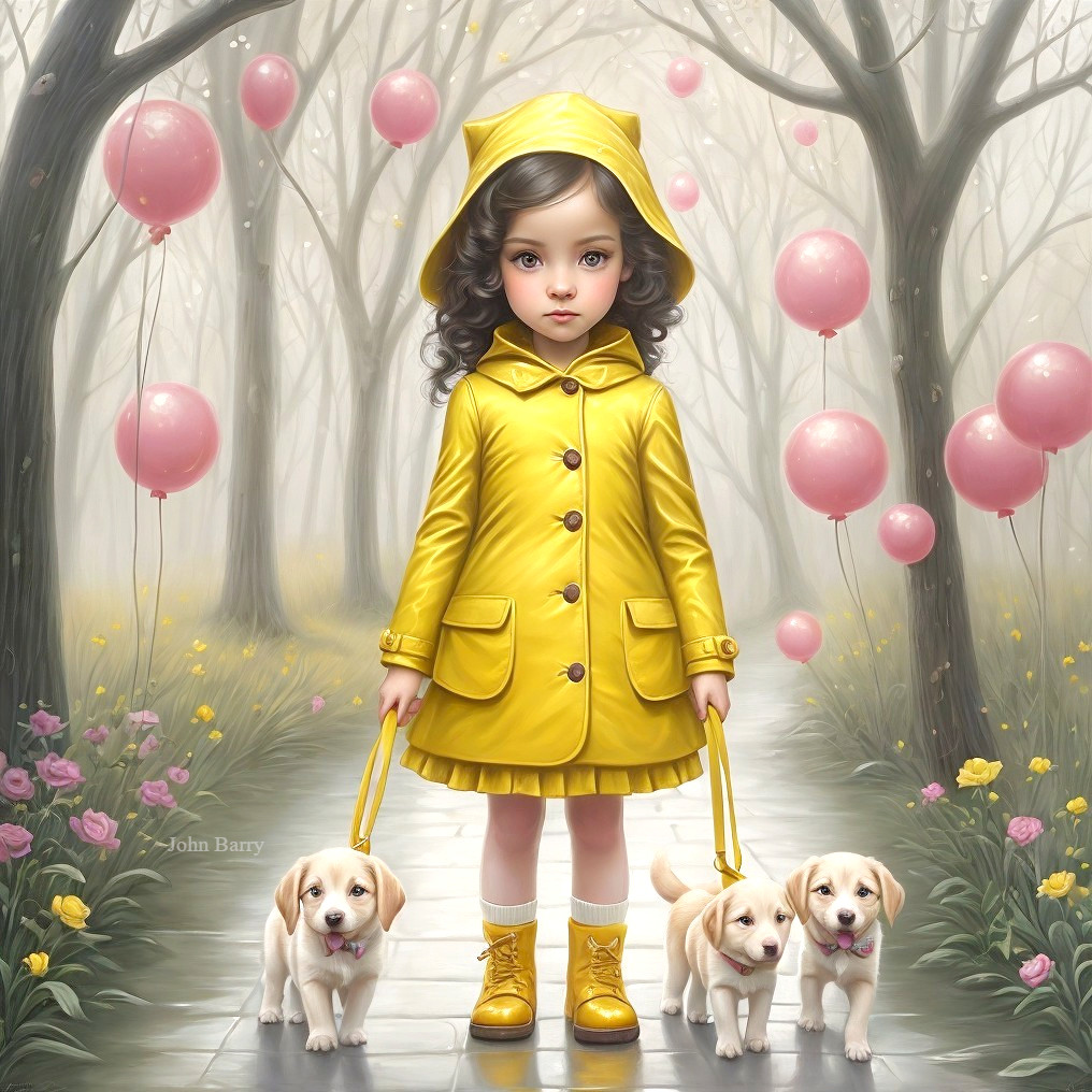 Young girl in yellow raincoat with puppies and balloons