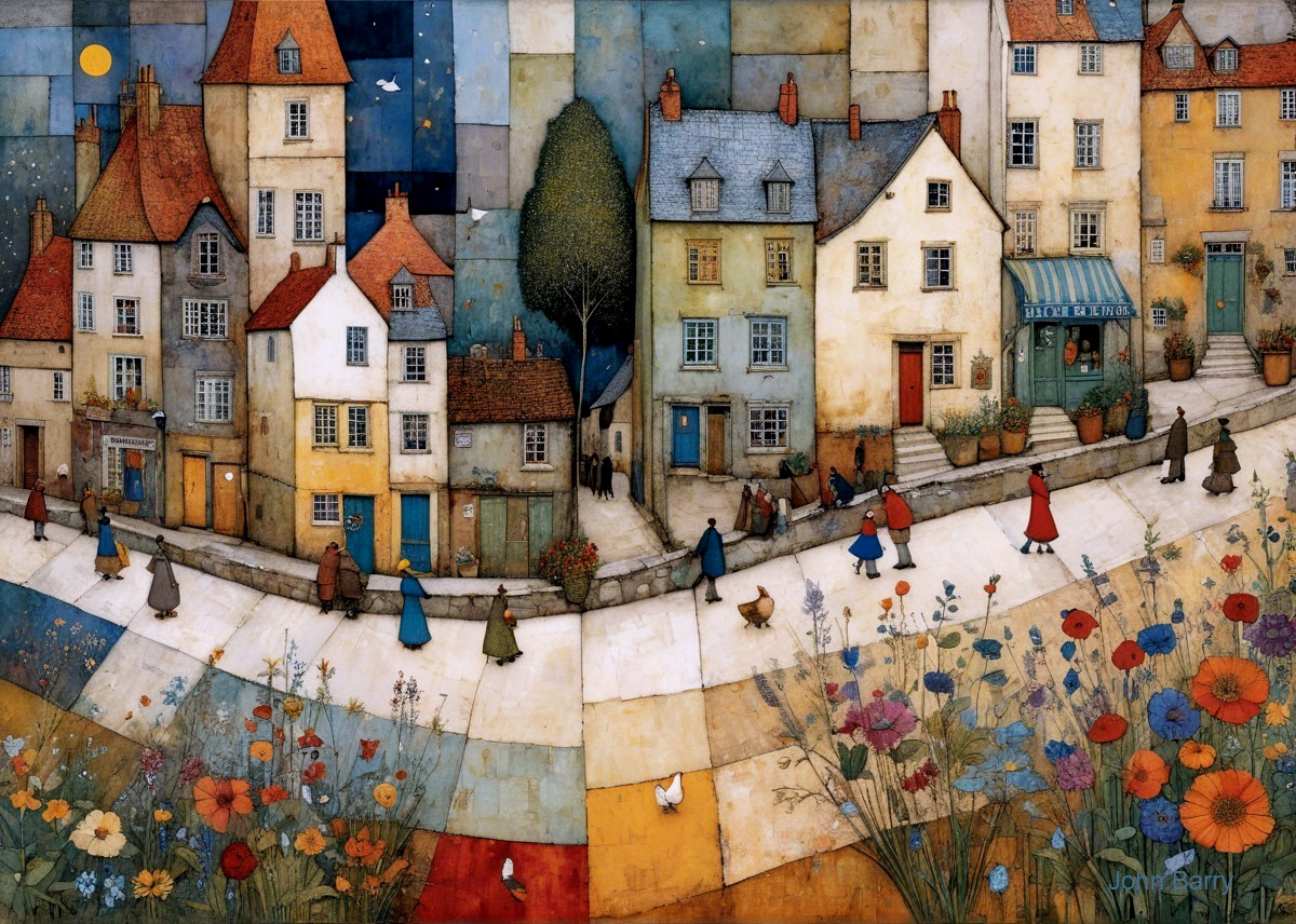Whimsical Village Scene with Colorful Houses and Pathways