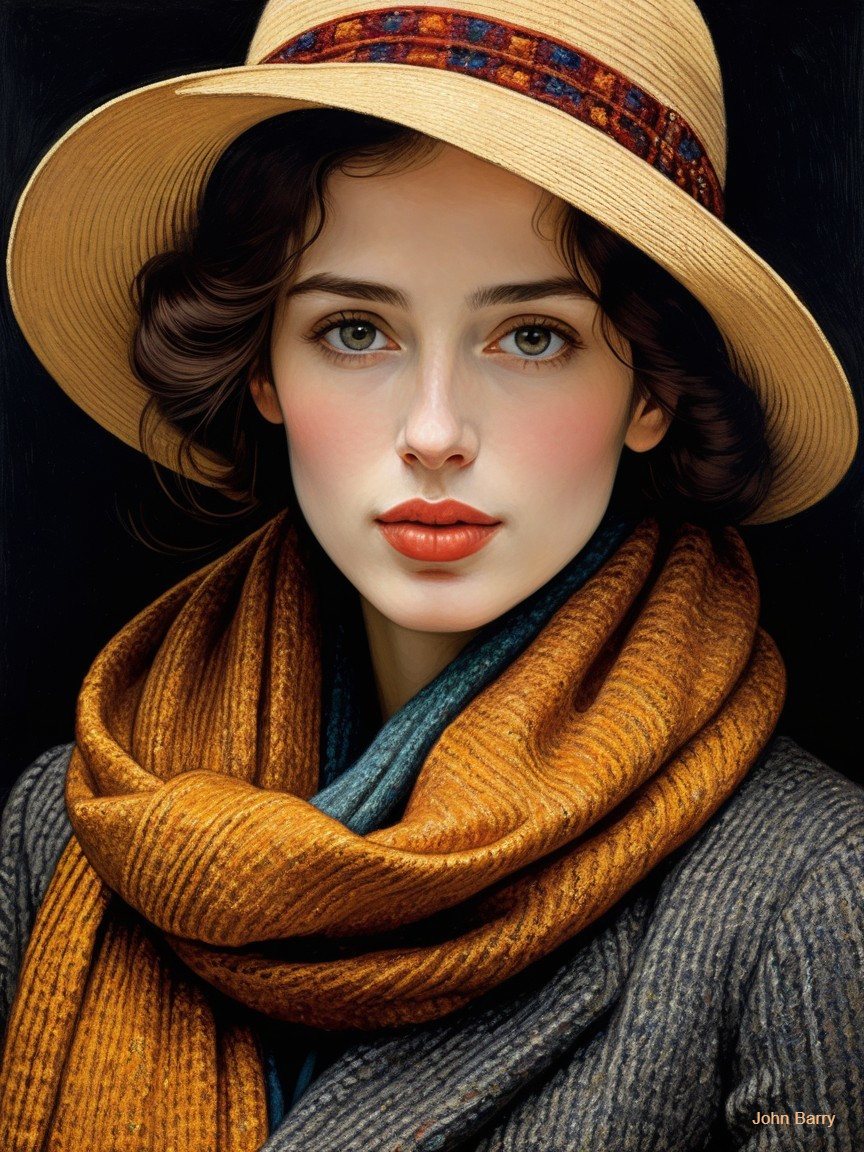 Young woman with green eyes in straw hat and scarf