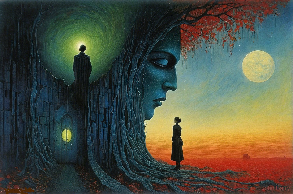 Surreal Landscape with Tree and Giant Face at Sunset