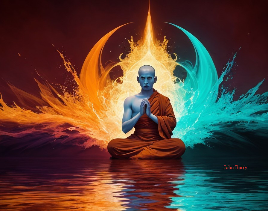 Monk Meditating with Colorful Water Reflection
