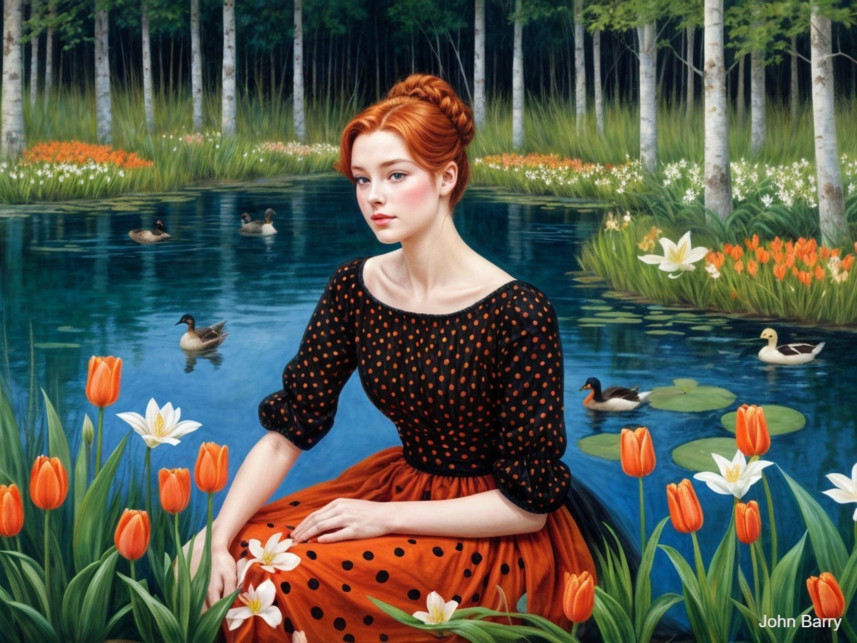Young Woman by Tranquil Pond with Colorful Flowers