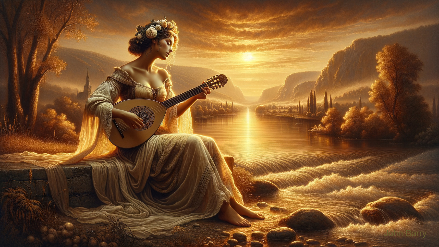 Serene Sunset Scene with Woman Playing Lute by River