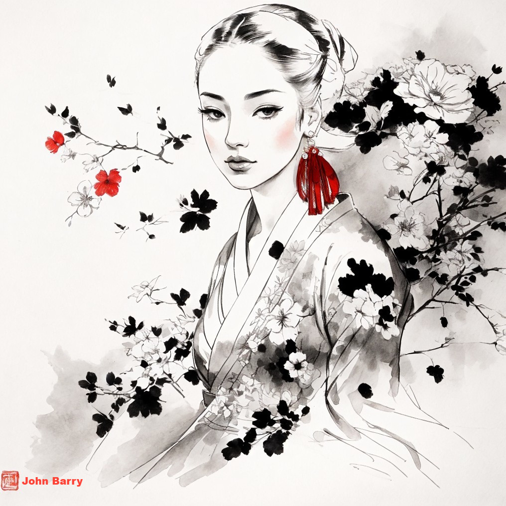 Serene Woman in Traditional Attire with Ink-Wash Flowers