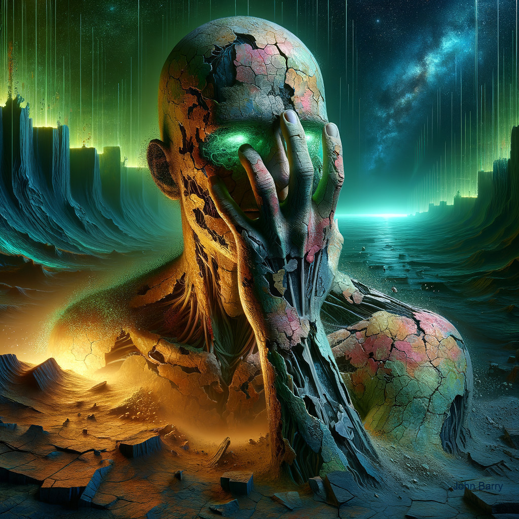 Surreal Fragmented Humanoid in Ethereal Landscape