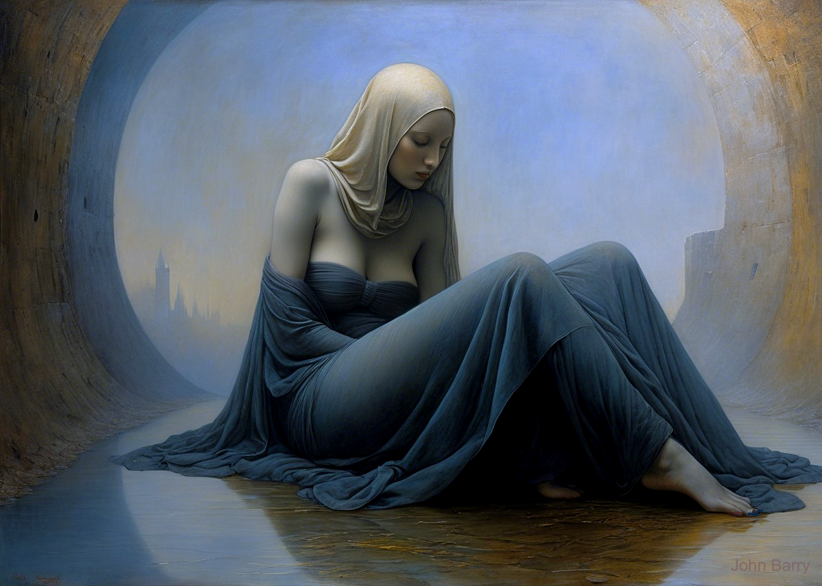 Contemplative Figure in Soft Fabrics and Dreamlike Space
